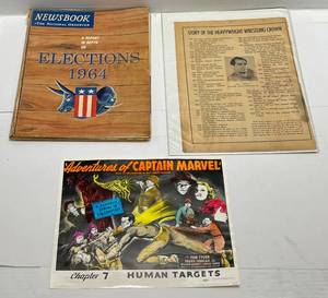 Misc. Vintage Items Including Adventures Of Captain Marvel Hand Colored Photo, 1964 Elections Book & Story Of The Heavyweight Wrestling Crown