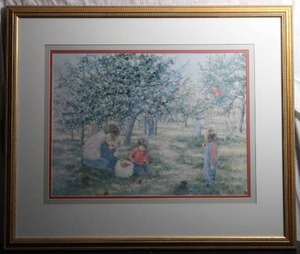 lot 63 image: Helene Leveillee print of children at apple harvest in orchard.
