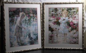 lot 64 image: Set of 2 Harrison Rucker prints in silver painted wood frames.