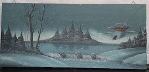 lot 66 image: Nature scene with river and bridge. Print on canvas, unframed.