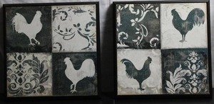 lot 69 image: Set of 2 rooster textured print on board.