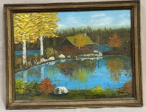 lot 27 image: Cabin on a lake oil painting