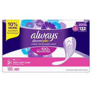 lot 58 image: Always Discreet plus Incontinence Liners for Women, Very Light Long (132 ct.)