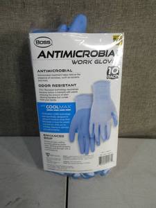 lot 134 image: Boss Antimicrobial Work Gloves SM 10 PackBoss Womens Antimicrobial Work Gloves with COOLMAX, Blue, SM (Pack of 10)