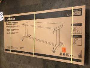 Husky 62 in. W x 24 in. D Adjustable Height Solid Wood Top Workbench Table in Black