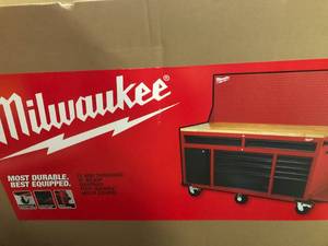 Milwaukee  61 in. 11-Drawer1-Door 22 in. D Mobile Workbench with Sliding Pegboard Back Wall in RedBlack customer return review pictures