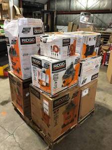 Pallet with assorted Ridgid Wet Vacs various models and conditions customer returns review pictures