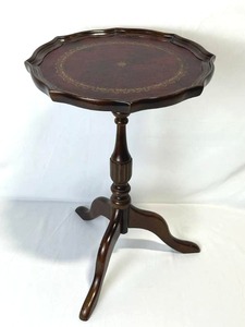 lot 28 image: Vintage Mahogany Pie Crust TableWine Table with Leather Top (13.5 Diameter x 20 Tall)