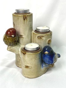 lot 56 image: Vintage Birds on Tree Branches Candle Holder in Glazed Ceramic (7 Tall)