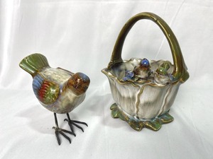 lot 57 image: Vintage Ceramic Bird Basket (8 Tall) with Metal Footed Ceramic Bird (5 Tall)