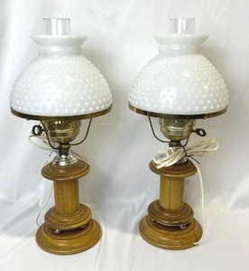 lot 64 image: Pair of Vintage White Milk Glass Hurricane Parlor Lamps with Wood Base (19 Tall)