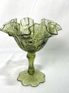 lot 75 image: Vintage Cabbage Rose Ruffled Rim Colonial Green Candy Dish  Compote