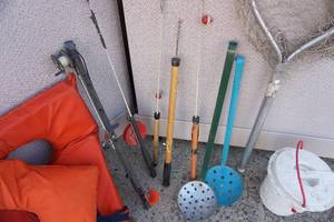 Ice Fishing Bundle Including Bucket Fish-Net Life Vests Rods Tip-Ups Skimmer Etc...