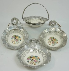Vintage Collectible Vintage Farber Shlevin Hammered Aluminum Floral Porcelain Trinket Candy Dish with Handle