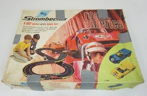 This Old Toy...STROMBECKER 132 Scale 17ft. Home Racing Set Remote Controlled with CARS and Original Box....Race Set-Up Dimensions 61 x 32