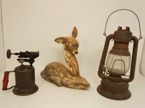 Antiques & Vintage Mancave Blow Torch Hurricane Lantern Bambi Lawn Statue...