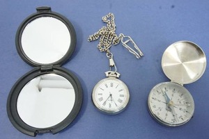 Collectors of Compact Pocket Mirror Watch Compass...Vintage Quartz Pocket Watch, Hunter Travel Pocket Land Navigation Compass West Germany, Compact Magnifying Mirror...