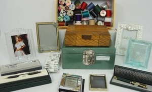Miscellaneous Lot of Frames, Collectible Ink Pens, Storage Containers Sewing Thread Etc.