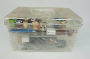 Vintage Clear Plastic Sewing Bin Basket of Notions Thread Needles Etc.