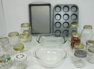 Baking and Canning Supplies Tin Muffin Bar Glass Mixing Baking Bowl Pan Pint Jam Jars Etc.