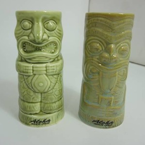 Collectible Stemware (2)Crystal Etched (2)Oneida SilverSmith and (2)Aloha SANTA CRUZ Chiki Tiki Mugs Exotica Boho Cup Barware Ceramic