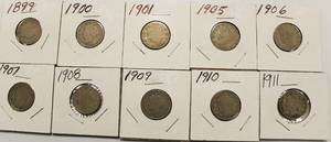 10 Liberty Head V- back Nickels 1899 - 1911
