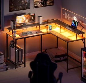 SUPERJARE L Shaped Computer Desk with Power Outlets & LED Lights