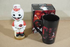 lot 203 image: 2002 Mr Red Cincinnati Reds Mascot Bobble Head with Giants Mug
