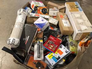 Gaylord full of assorted Misc tools and hardware, lightning, plumbing vatrious types and conditions customer returns review pictures