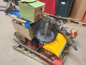 Pallet of Camping Supplies, Yard Tools and Antiques