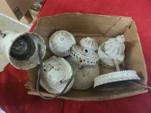 Box of antique wall mount hardware for lanterns and lights