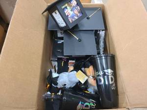 Box of Graduation themed mugs, picture frames and stuffed animals