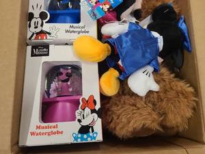 Box of Graduation themed Disney stuffed animals, cups and snowglobes