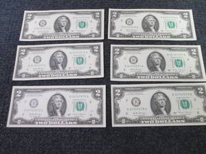 6 Sequential Uncirculated $2 Bills...
