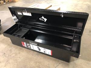 lot 28 image: Husky 71.36 in. Matte Black Aluminum Full Size Crossbed Truck Tool Box customer return see pictures
