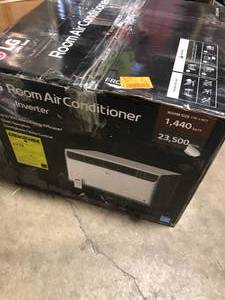 lot 50 image: LG 23,500 BTU 230208V Window Air Conditioner Cools 1400 Sq. Ft. with Dual Inverter, Wi-Fi Enabled & Remote in White Costumer Returns See Pics