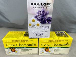 lot 175 image: 58 Tea Bags Bigelow Cozy Chamomile and Benefits Sleep Tea