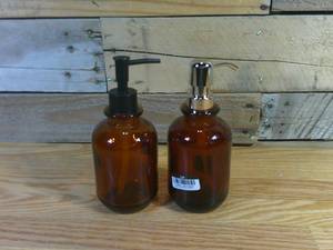 lot 99 image: TWO (2) Apothecary Glass SoapLotion Dispensers - Amber - Threshold (One Matte Black Pump & One Chrome Pump)