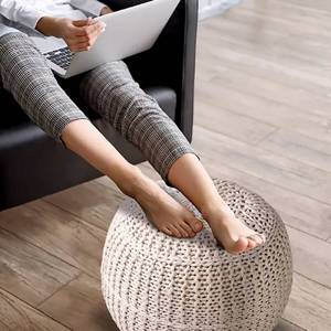lot 139 image: BirdRock Home Hand-Knitted Lightweight Pouf, Natural (18.5 in x 18.5 in x 15 in)