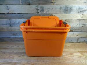 lot 168 image: TWO (2) 20gal Latching Storage Tote - Orange - Brightroom