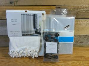 lot 170 image: Shower Bundle TWO (2) PEVA Shower Curtain Liners, ONE (1) Shower Curtain & ONE (1) Set of Shower Hooks