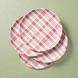 lot 160 image: Set of Four (4) 10.5 Plaid Melamine Christmas Dinner Plates - RedCream