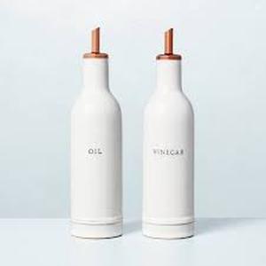 lot 163 image: 2pc Oil & Vinegar Stoneware Bottle Set CreamCopper - Hearth & Hand with Magnolia