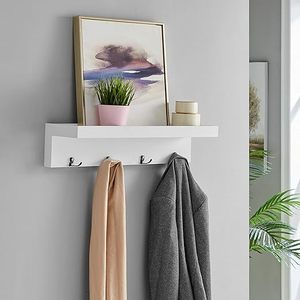 lot 158 image: Danya B Wall Mounted Entryway Floating Coat Rack with Four Hanging Hooks and Decorative Ledge Shelf - White