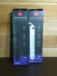 lot 132 image: Set of 2 Globe 4 ft 6 Outlet Surge Protectors w USB-Black and White