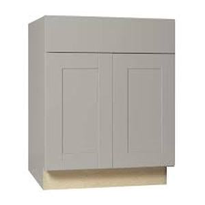 lot 165 image: Hampton Bay Shaker 27 in. W x 24 in. D x 34.5 in. H Assembled Base Kitchen Cabinet in Dove Gray with Ball-Bearing Drawer Glides