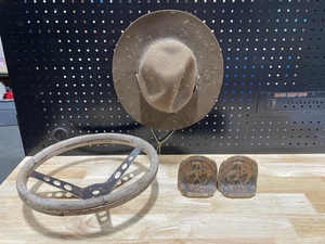 Vintage Items including Steering Wheel, Official Boy Scout Hat, End of the Line Bookends