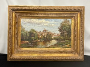 lot 3 image: Town by Lake Original Oil Painting by Stephano