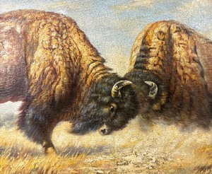 lot 14 image: Wild Animals Original Painting by Dunston  Framed Original Buffalo Oil Painting