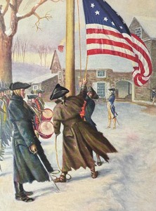 lot 153 image: First Raising of the Stars and Stripes at Valley Forge Framed Print by R. Atkinson Fox